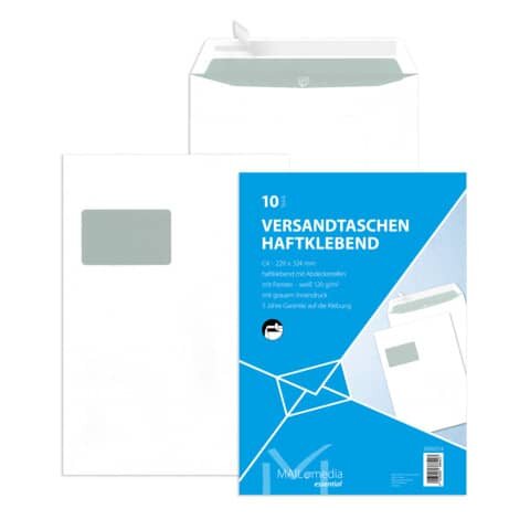 MAILMEDIA Versandtasche C4,haftklebend m.Abdeckstr.,m.F.,weiß,m.ID,120 g/qm,10 Stück