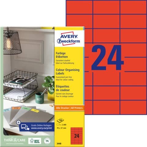 2.400 AVERY Zweckform Etiketten 3448 rot 70,0 x 37,0 mm
