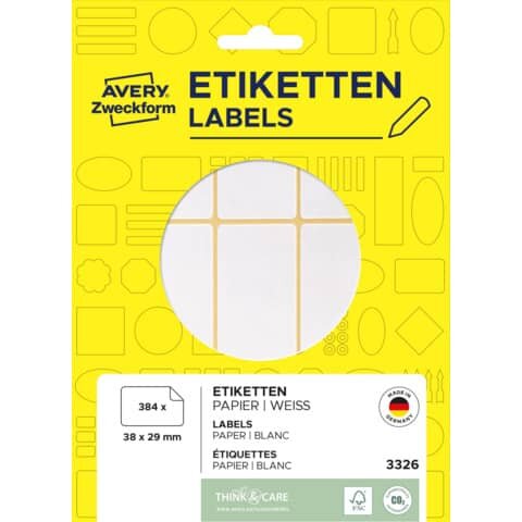 AVERY ZWECKFORM 3326 Universal-Etiketten - 38 x 29 mm, weiß, 384 Etiketten/24 Blatt, permanent