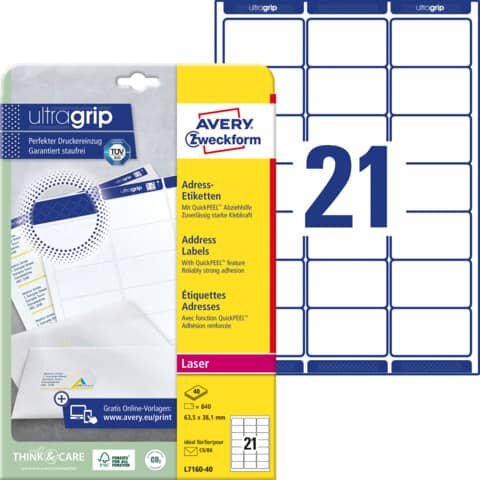 840 AVERY Zweckform Adressetiketten L7160-40 weiß 63,5 x 38,1 mm