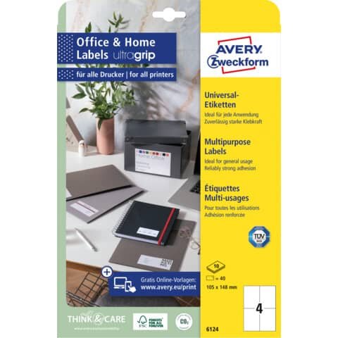 40 AVERY Zweckform Etiketten 6124 weiß 105,0 x 148,0 mm