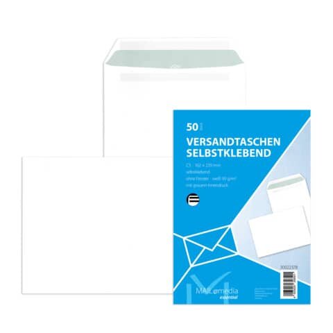 MAILMEDIA Versandtasche C5, selbstklebend, ohne Fenster, weiß, mit ID, 90 g/qm, 50 Stück