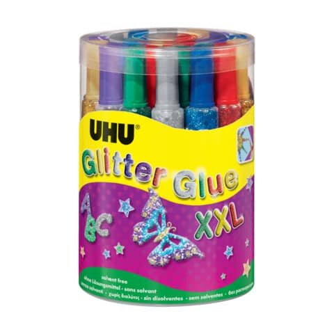 UHU Young Creativ Glitter Glue ORIGINAL - 24 Tuben à 76 g in Runddose, sortiert