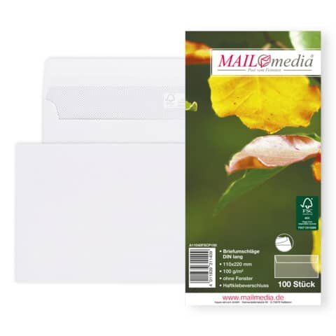 MAILMEDIA Briefumschläge Recycling - DIN lang (220x110 mm),ohne Fenster, haftklebend, 100g/qm, 100 Stück