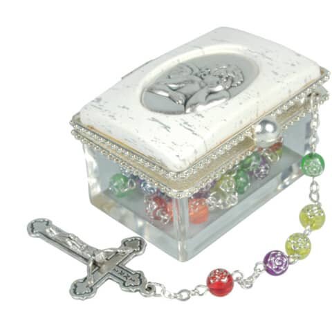 Rosenkranzset - Dose mit Kunsstoffperlen, bunt, ca. 46 cm