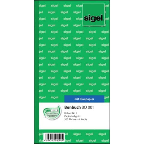 SIGEL Bonbuch - Kellner-Nr. 1 , 360 Abrisse, BL, hellgrün, 105x200 mm, 2 x 60 Blatt