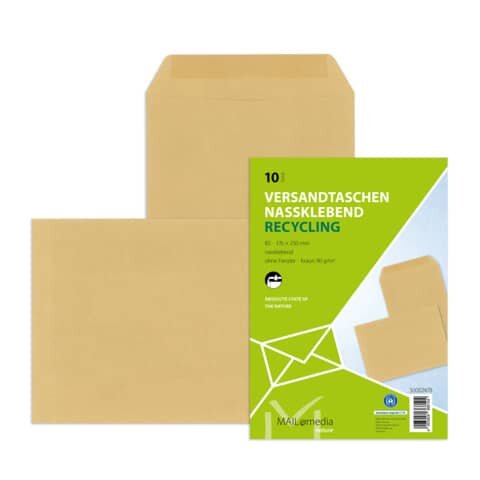 MAILMEDIA Versandtasche B5, nassklebend, ohne Fenster, braun, 90 g/qm, 10 Stück