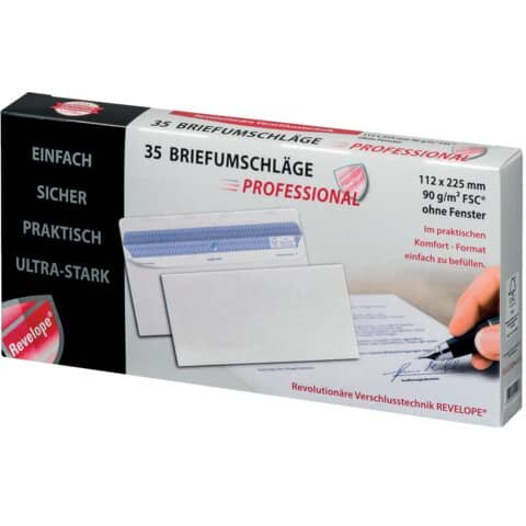 PROFESSIONAL Briefumschlag Revelope® - 112 x 225 mm, o. Fenster, weiß,  90 g/qm, Innendruck, Revelope-Klebung, 35 Stück