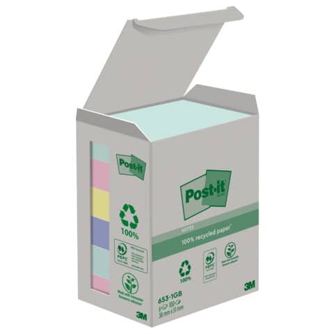 POST-IT Recycling Notes - 38 x 51 mm, Rainbow pastell, 6 x 100 Blatt