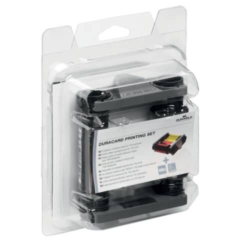 DURABLE YMCKO-Farbband und 100 Plastikkarten (0,76 mm) mehrfarbig Farbband-Set