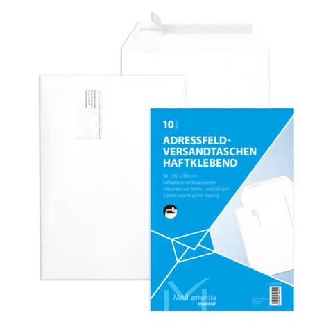 MAILMEDIA Versandtaschen B4, mit Adressfeldtasche, haftklebend, 120 g/qm, weiß, 10 Stück