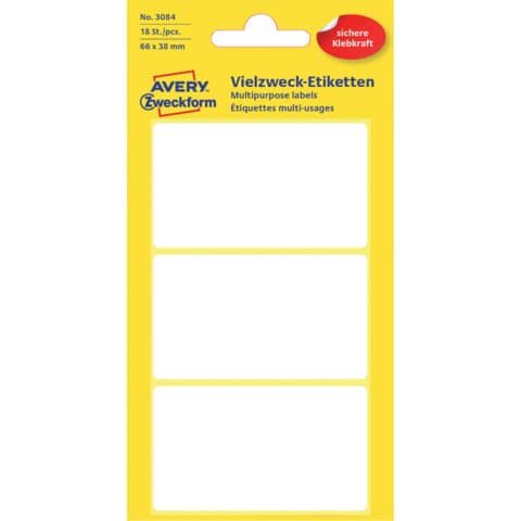 AVERY ZWECKFORM 3084 Universal-Etiketten, 66 x 38 mm, 6 Blatt/18 Etiketten, weiß