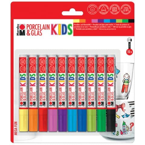 MARABU Porcelain & Glas Painter KIDS - 1 - 3 mm, 10 Farben sortiert