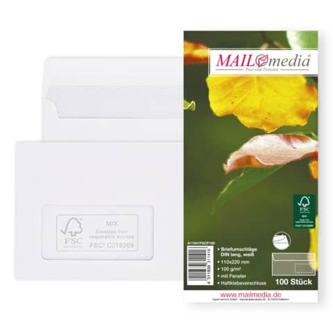MAILMEDIA Briefumschläge Recycling - DIN lang (220x110 mm), mit Fenster, haftklebend, 100g/qm, 100 Stück