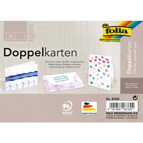 FOLIA Briefkarte - A6 quer, 190 g/qm, weiß, doppelt, 25 Stück