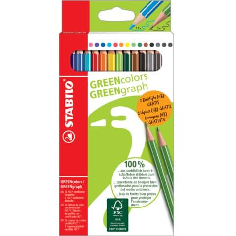 STABILO Umweltfreundlicher Buntstift - GREENcolors - 12+2er Pack - 12 Farben und 2 Bleistifte (gratis)