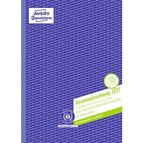 AVERY ZWECKFORM 1227 Kassenabrechnung - MwSt.-Spalte, A4, Recycling, Blaupapier, 2x 50 Blatt